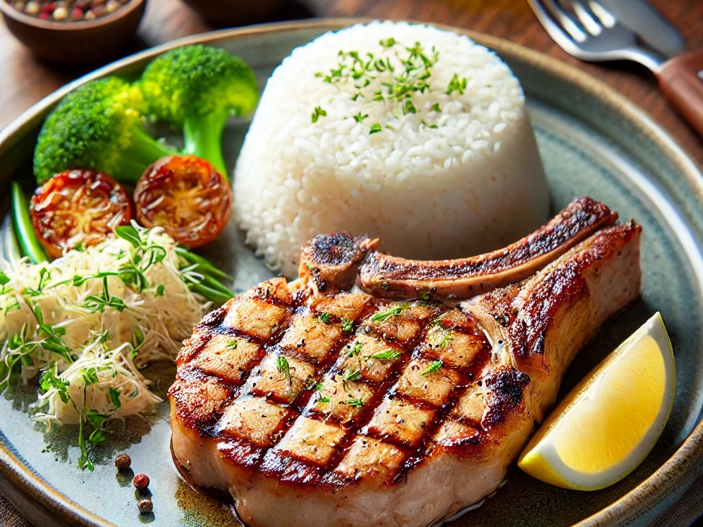 grilled pork chop steam rice plates