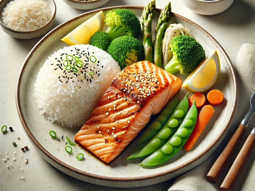 grilled salmon rice plate